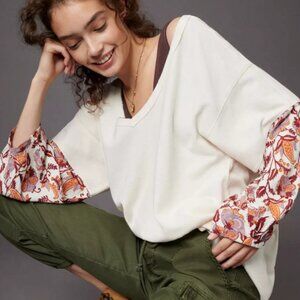 Anthropologie Annette Thermal Waffle Knit Floral Sleeve Top